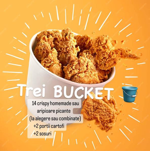 Trei Bucket cu Crispy Homemade Din Piept de Pui cu Cartofi si Sos